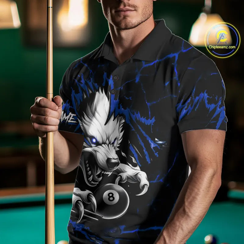 Personalized Thunder Lightning Wolf Billiard Shirts For Men Custom Billiard Team Jerseys |Blue TDM5466