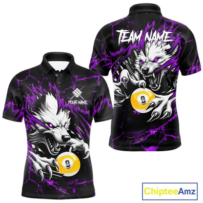 Personalized 9 Ball Pool Wolf Billiard Shirt For Men, Billiard Team Jersey Polo & 1/4 Zip|Purple TDM5469
