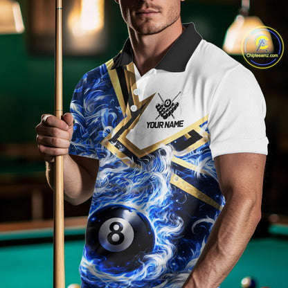 Blue 8 Ball Flame Smoke Golden Billiard Shirt For Men Custom Pool Team Jersey Polo & 1/4 Zip TDM5735