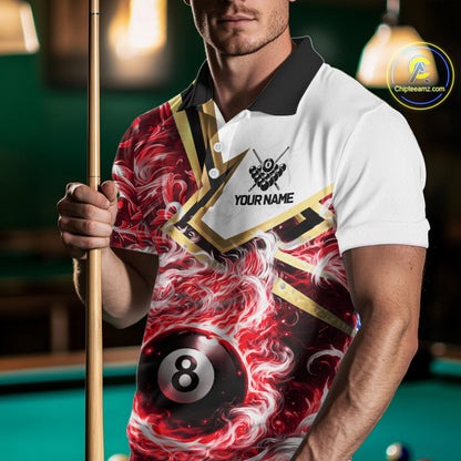 Red 8 Ball Flame Smoke Golden Billiard Shirt For Men Custom Pool Team Jersey Polo & 1/4 Zip TDM5736