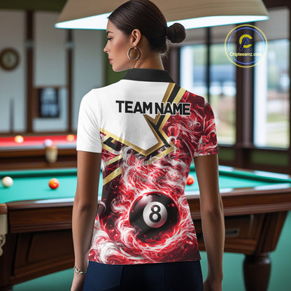 Red 8 Ball Flame Smoke Golden Billiard Shirt For Women Custom Pool Team Jersey Polo & 1/4 Zip TDM5736