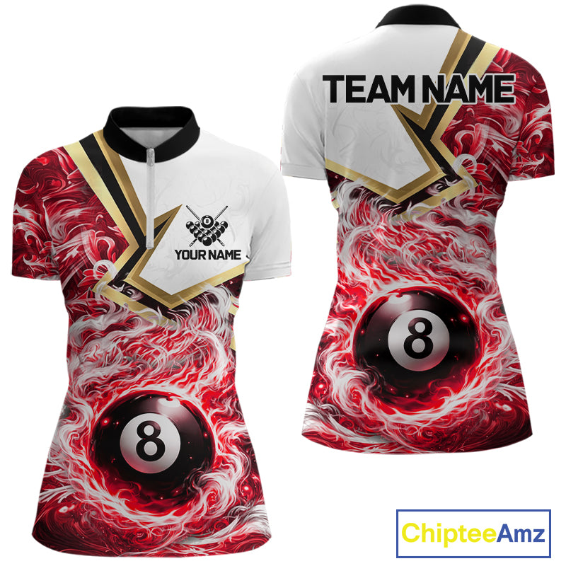 Red 8 Ball Flame Smoke Golden Billiard Shirt For Women Custom Pool Team Jersey Polo & 1/4 Zip TDM5736