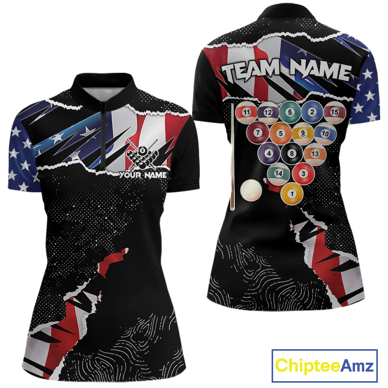 Custom Grunge American Flag Billiard Shirt For Women, Patriotic Pool Team Jersey Polo & 1/4 Zip TDM5927