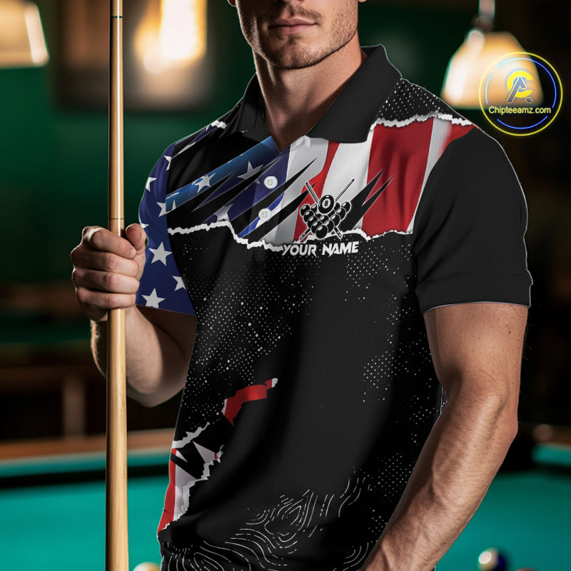 American Flag 8 Ball Aim Shoot Swear Repeat Men's Billiard Shirt Custom Pool Jersey Polo & 1/4 Zip TDM5928