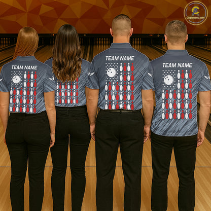 Personalized US Flag Grey Bowling Shirt For Men, Patriotic Bowling Team Jersey Polo & 1/4 Zip TDM6087