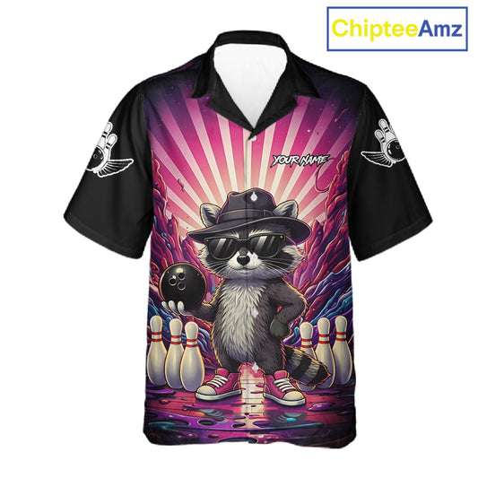 Pink Funny Raccoon Hawaiian Bowling Shirt For Women Custom Graffiti Bowling Team Jersey TDM6092