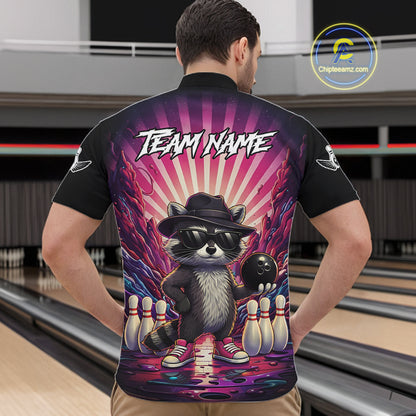 Pink Funny Raccoon Bowling Jersey For Men Custom Graffiti Bowling Shirt Team Polo & 1/4 Zip TDM6092