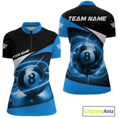 Blue 8 Ball Pool Billiard Shirt For Women Custom Glowing Billiard Team Jersey Polo & 1/4 Zip TDM6341