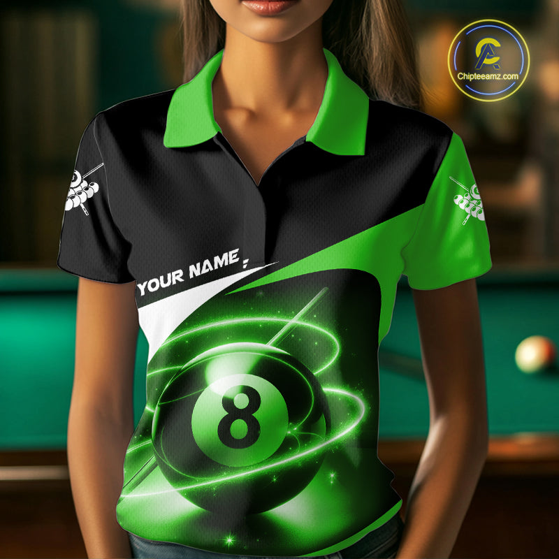 Green 8 Ball Pool Billiard Shirt For Women Custom Glowing Billiard Team Jersey Polo & 1/4 Zip TDM6342