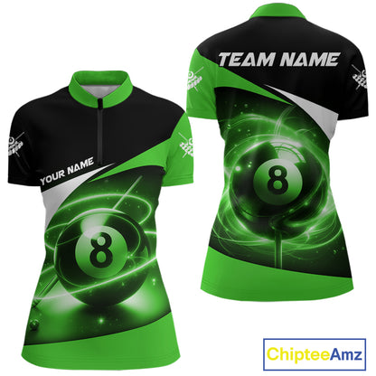 Green 8 Ball Pool Billiard Shirt For Women Custom Glowing Billiard Team Jersey Polo & 1/4 Zip TDM6342