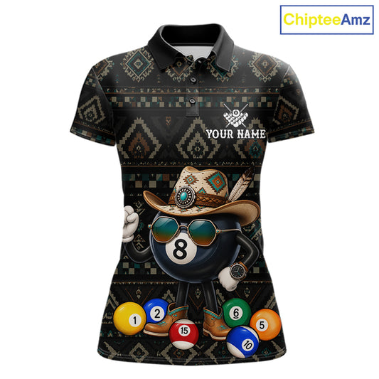 8 ball tribal pattern billiard polo shirt for women with custom pool team graphics.