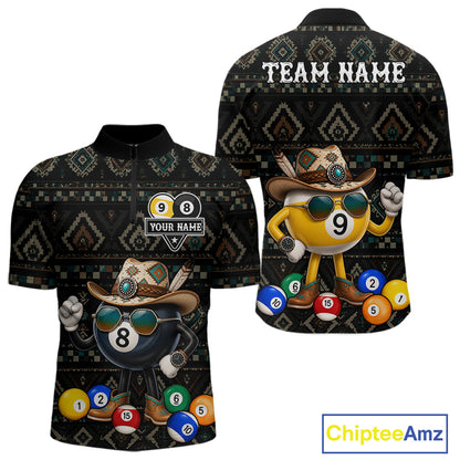 8 ball and 9 ball tribal pattern billiard quarter zip shirt for men built for tournaments and league play.