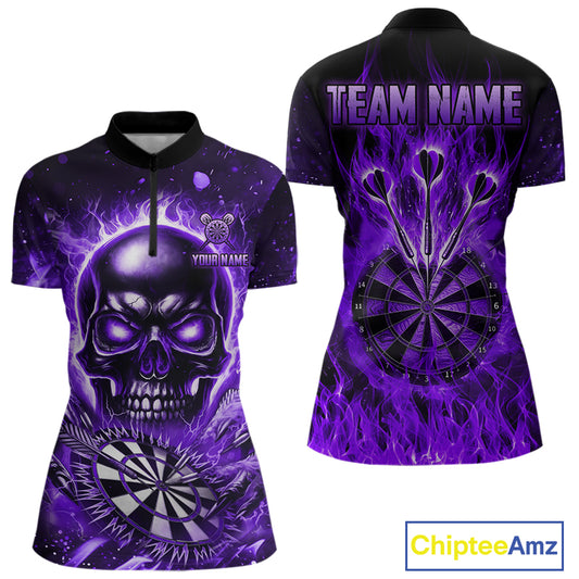 Purple Flame Skull Dartboard Shirt For Women Custom Darts League Team Jersey Polo & Quarter Zip TDM5009