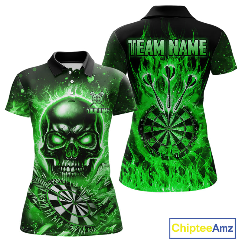 Green Flame Skull Dartboard Shirt For Women Custom Darts League Team Jersey Polo & Quarter Zip TDM5010