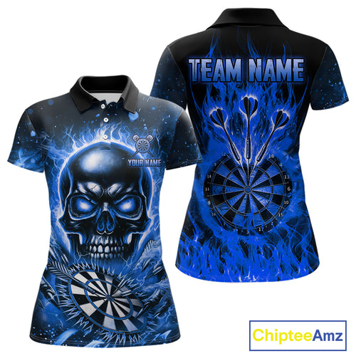 Blue Flaming Skull Dartboard Shirt For Women Custom Darts League Team Jersey Polo & Quarter Zip TDM5011