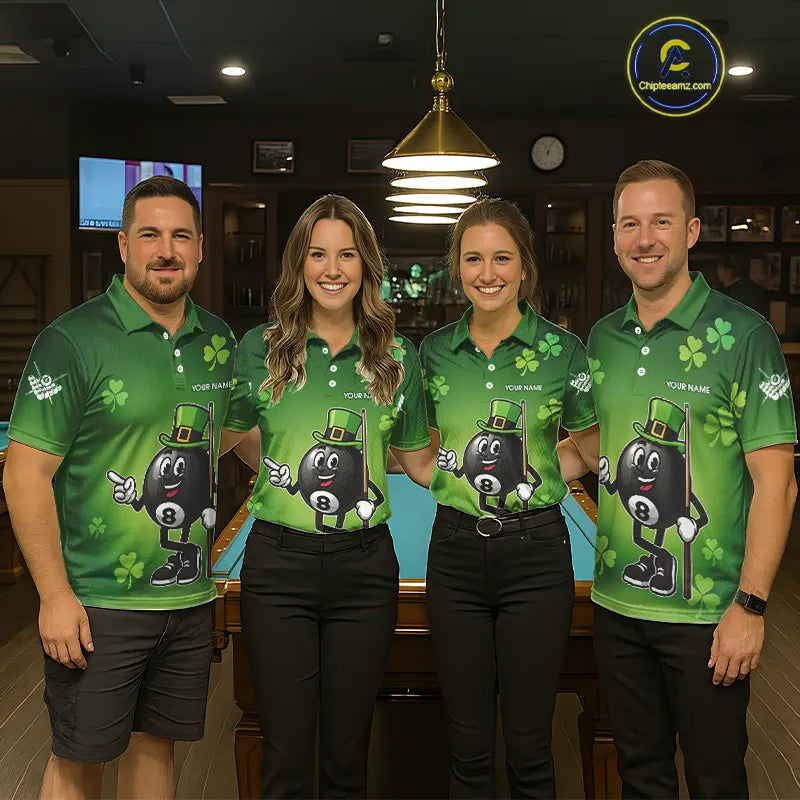 Green Funny 8 Ball Pool Shamrock Men's Billiard Shirt Custom St Patrick Day Billiard Team Jersey TDM5476