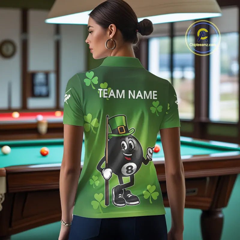 Green Funny 8 Ball Pool Shamrock Women's Billiard Shirt Custom St Patrick Day Billiard Team Jersey TDM5476