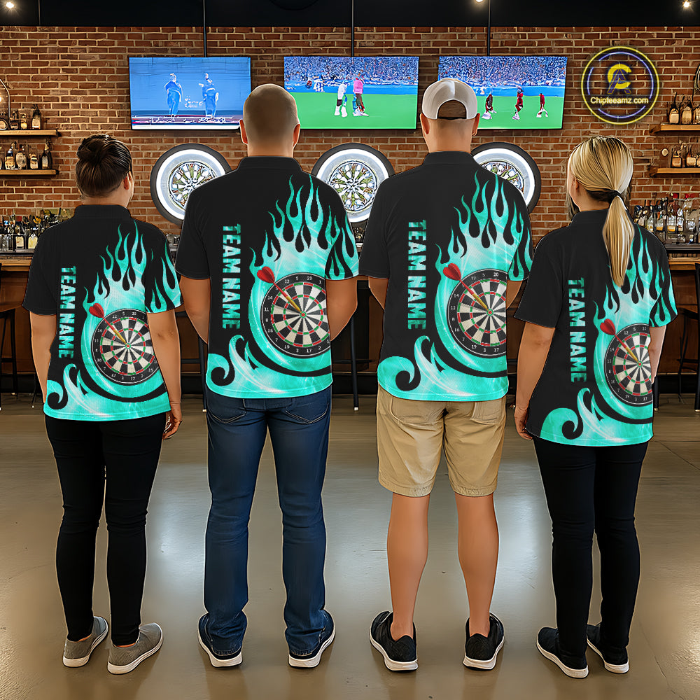 Black And Turquoise Flame Light Darts Polo & 1/4 Zip For Men Custom Darts League Team Jersey TDM5479