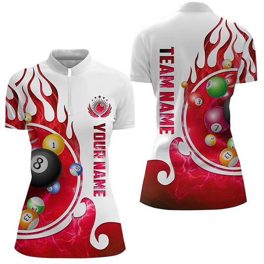 Personalized Billiard Fire Women Quarter-Zip Shirts Custom Name Billiard Shirt Design | Red TDM0916