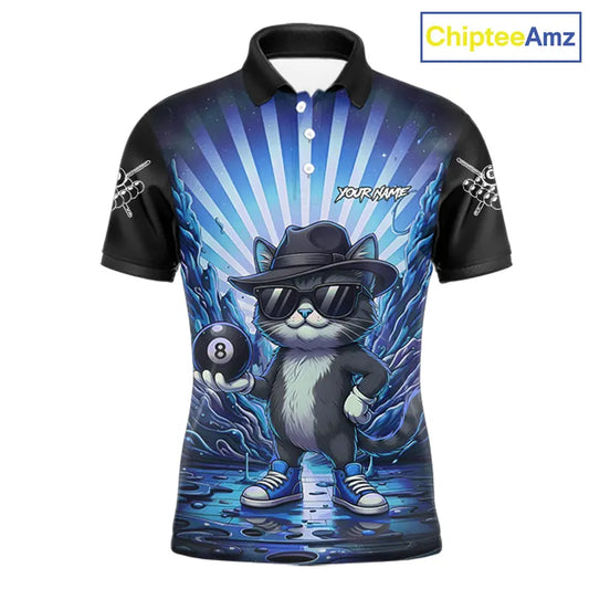 Funny Cat 8 Ball Billiard Shirt For Men Custom Blue Neon Graffiti Billiard Jersey Polo & 1/4 Zip TDM5742