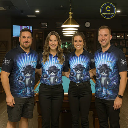 Funny Cat 8 Ball Billiard Shirt For Men Custom Blue Neon Graffiti Billiard Jersey Polo & 1/4 Zip TDM5742