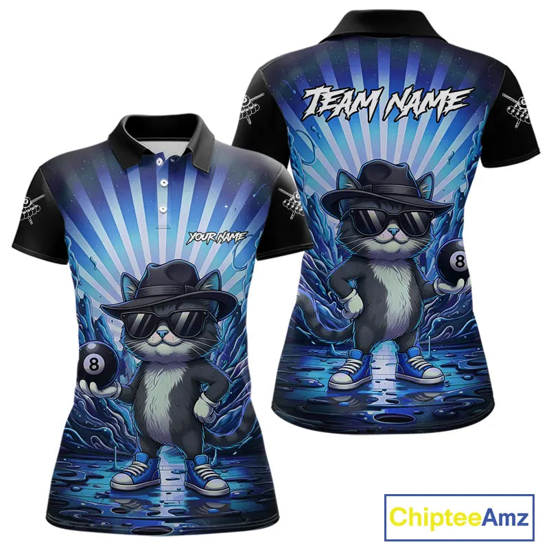 Funny Cat 8 Ball Billiard Shirt For Women Custom Blue Neon Graffiti Billiard Jersey Polo & 1/4 Zip TDM5742