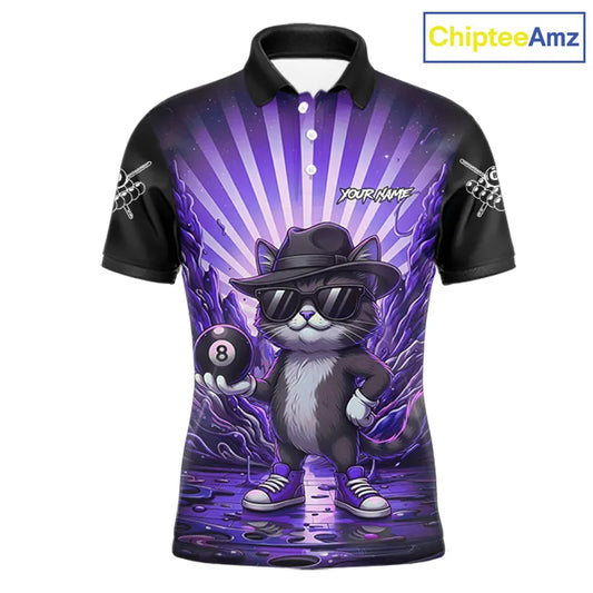 Funny Cat 8 Ball Billiard Shirt For Men Custom Purple Neon Graffiti Billiard Jersey Polo, 1/4 Zip TDM5743