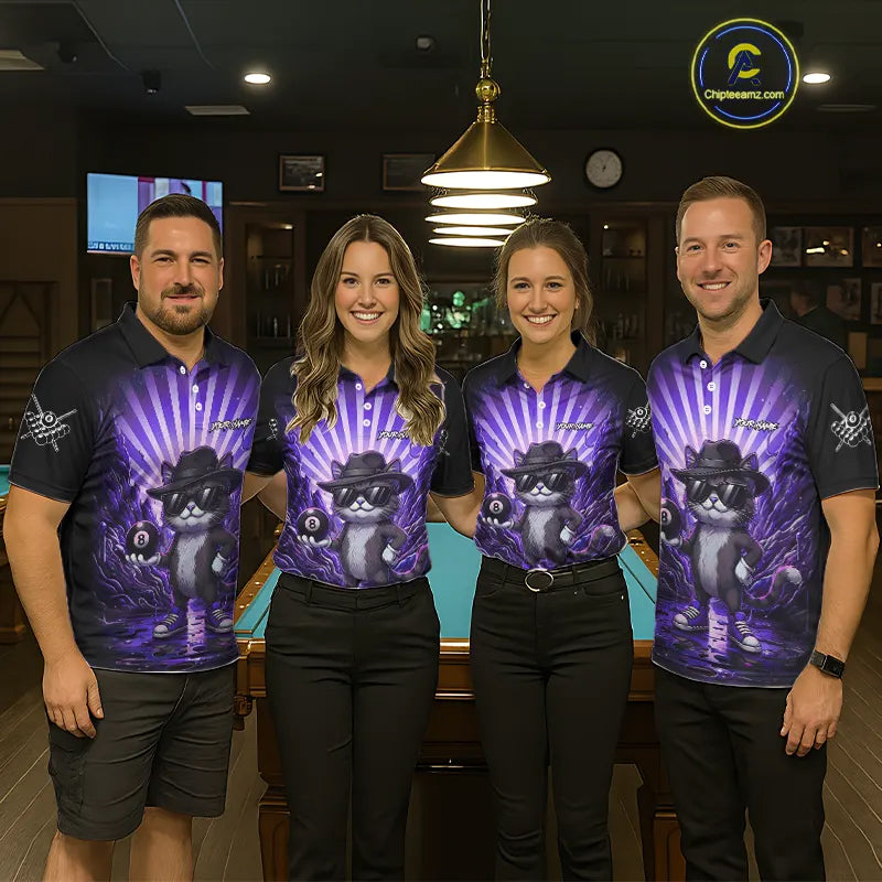 Funny Cat 8 Ball Billiard Shirt For Men Custom Purple Neon Graffiti Billiard Jersey Polo, 1/4 Zip TDM5743