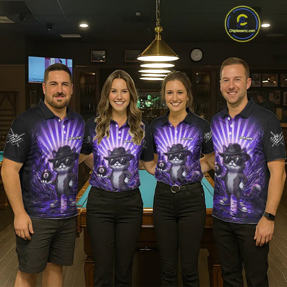 Funny Cat 8 Ball Billiard Shirt For Men Custom Purple Neon Graffiti Billiard Jersey Polo, 1/4 Zip TDM5743