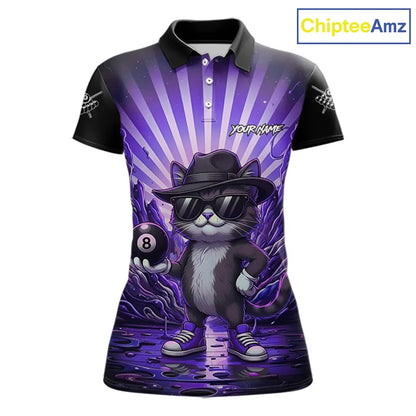Funny Cat 8 Ball Billiard Shirt For Women Custom Purple Neon Graffiti Billiard Jersey Polo, 1/4 Zip TDM5743