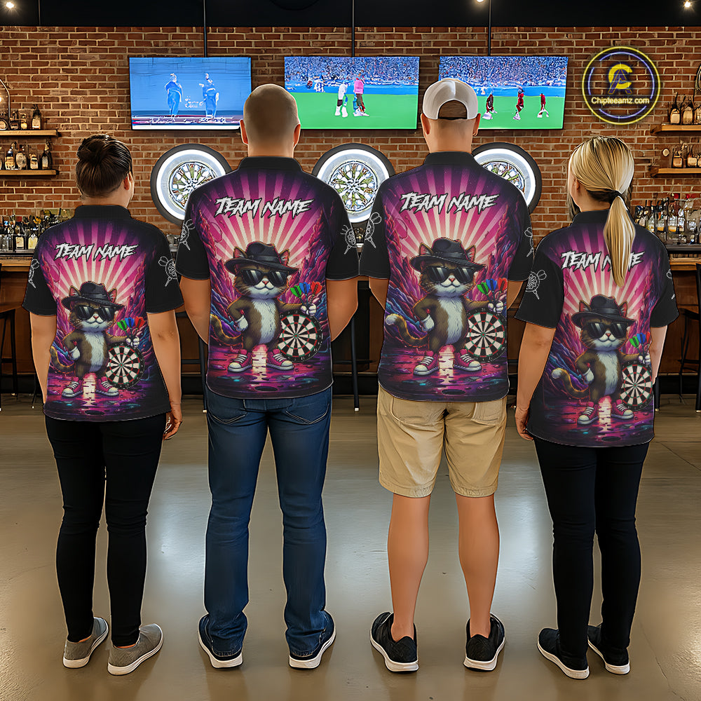 Pink Funny Cat Dartboard Neon Graffiti Darts Shirt For Men Custom Darts Jersey Team Polo & 1/4 Zip TDM5744