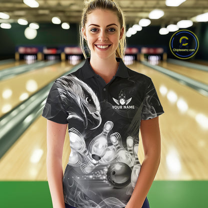 Black And White Custom Eagle Smoke Bowling Shirt For Women, Bowling Team Jersey Polo & 1/4 Zip TDM6356