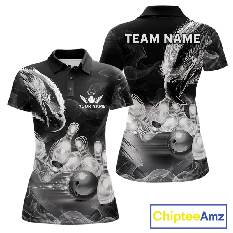Black And White Custom Eagle Smoke Bowling Shirt For Women, Bowling Team Jersey Polo & 1/4 Zip TDM6356