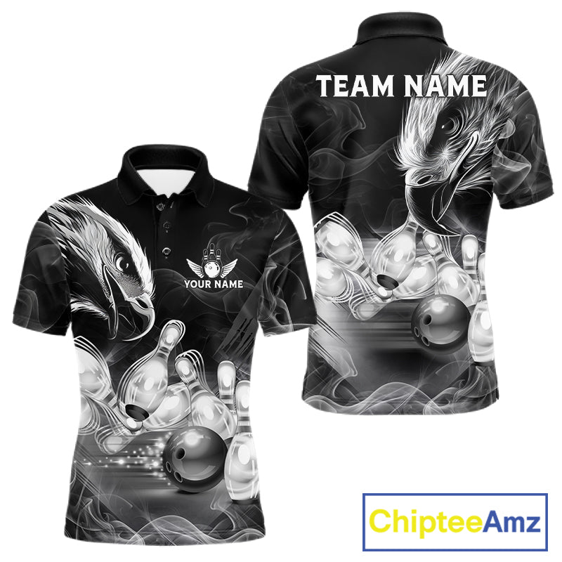 Black And White Custom Eagle Smoke Bowling Shirt For Men, Bowling Team Jersey Polo & 1/4 Zip TDM6356