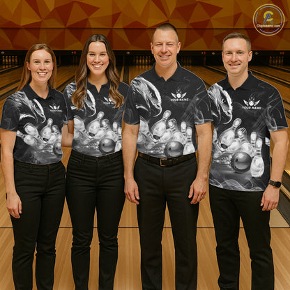 Black And White Custom Eagle Smoke Bowling Shirt For Women, Bowling Team Jersey Polo & 1/4 Zip TDM6356