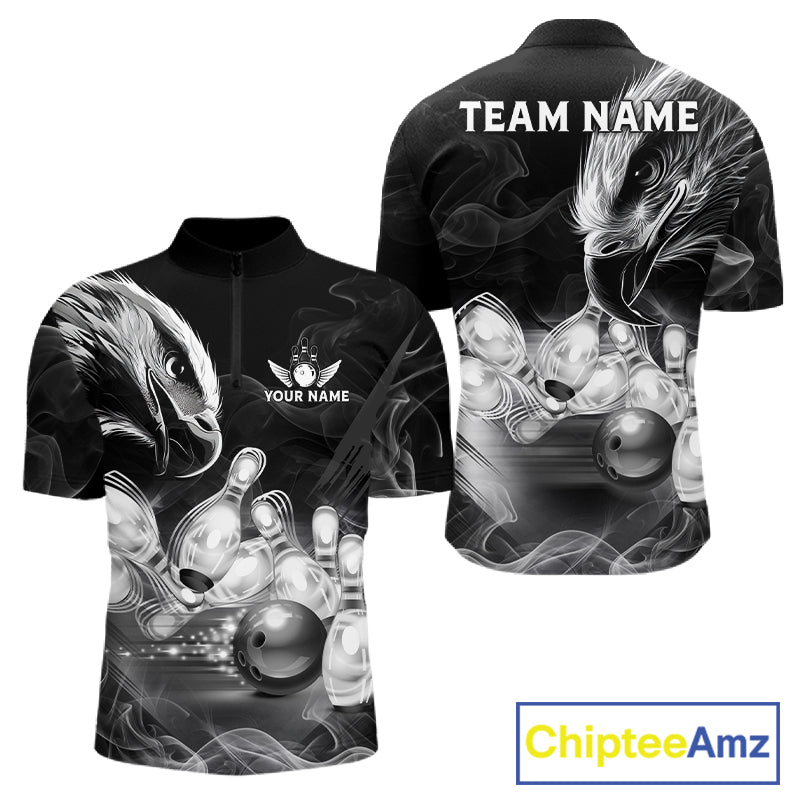 Black And White Custom Eagle Smoke Bowling Shirt For Men, Bowling Team Jersey Polo & 1/4 Zip TDM6356