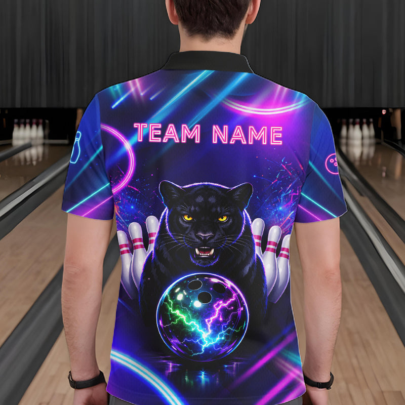 Neon Blue Purple Custom Panther Bowling Shirt For Men, Glowing Bowling Team Jersey Polo & 1/4 Zip TDM6358
