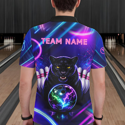 Neon Blue Purple Custom Panther Bowling Shirt For Men, Glowing Bowling Team Jersey Polo & 1/4 Zip TDM6358