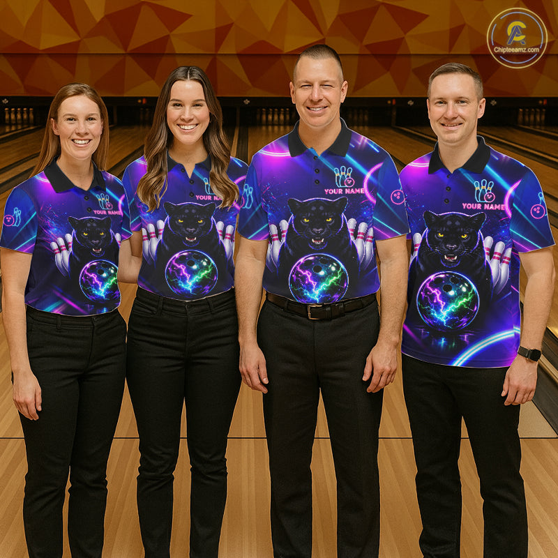 Neon Blue Purple Custom Panther Bowling Shirt For Men, Glowing Bowling Team Jersey Polo & 1/4 Zip TDM6358