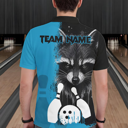 Back view of man wearing a black and blue raccoon bowling polo shirt inside a bowling alley.