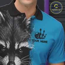 Load image into Gallery viewer, Close-up of a black and blue raccoon bowling polo shirt collar, buttons, and raccoon artwork details.