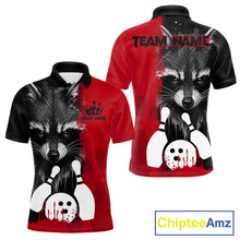 Load image into Gallery viewer, Black and red raccoon bowling polo shirt for men with custom bowling team league graphics.