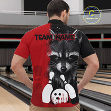 Load image into Gallery viewer, Back view of man wearing a black and red raccoon bowling quarter zip shirt in a bowling alley.