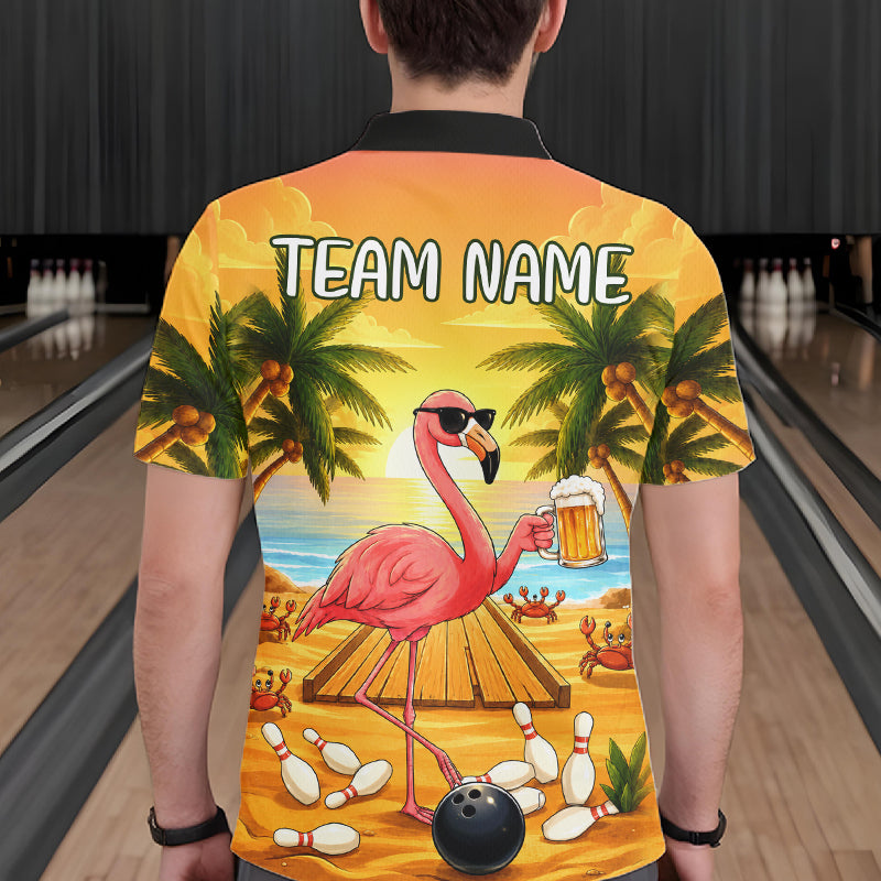 Back view of man wearing a funny flamingo sunset tropical bowling polo shirt inside a bowling alley.