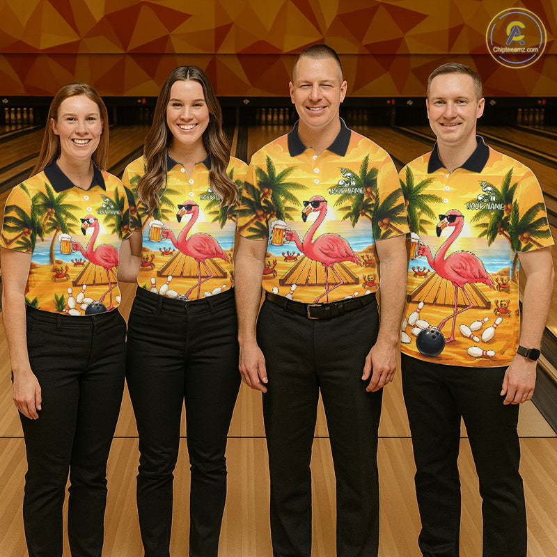 Bowling team wearing matching flamingo sunset tropical bowling jerseys during league matches front view.
