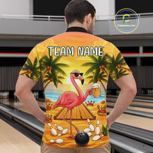 Load image into Gallery viewer, Back view of man wearing a funny flamingo sunset tropical bowling quarter zip shirt in a bowling alley.