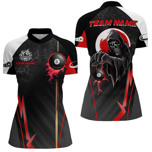 Funny Grim Reaper Ball 8 Fire  Custom Women Billiard Shirts, Best 8 Ball Pool Jerseys |Red TDM2034
