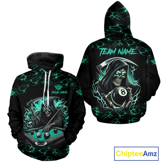 Turquoise Funny Grim Reaper 8 Ball Hoodie For Men Women Custom Lightning Billiard Jerseys TDM2040