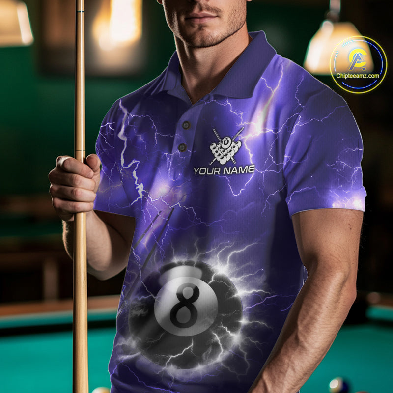 Man wearing personalized purple thunder lightning 8 ball billiard team jersey polo shirt, front view.