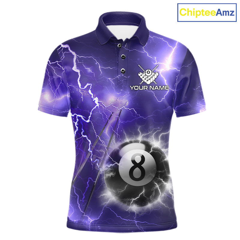 Personalized purple thunder lightning 8 ball billiard team jersey polo shirt for men featuring vibrant purple lightning artwork, premium custom pool team apparel for league matches and tournaments.